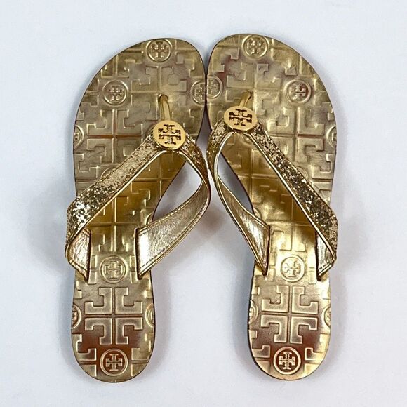 Tory Burch Thora Sandals Womens 6 Gold Glitter Thong Flip Flop Shoes Metallic - Picture 10 of 11